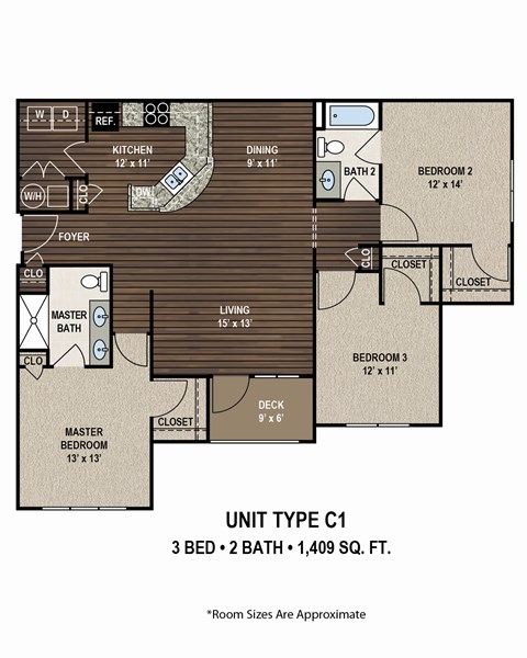 A floor plan of a 3 bedroom, 2 bathroom apartment.